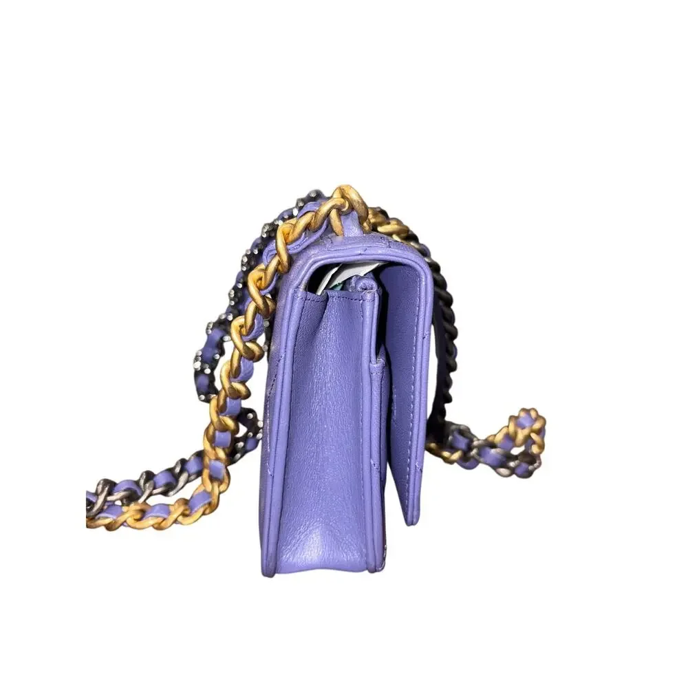 CHANEL 19 Matelassé 2-way Chain WOC Shoulder Bag Rare Purple with Card